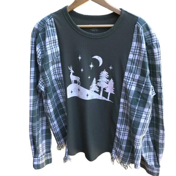 Flannel Shirt Upcycle, M-L: Reworked Oversized Pullover Sweatshirt, Winter Scene - Picture 8 of 12